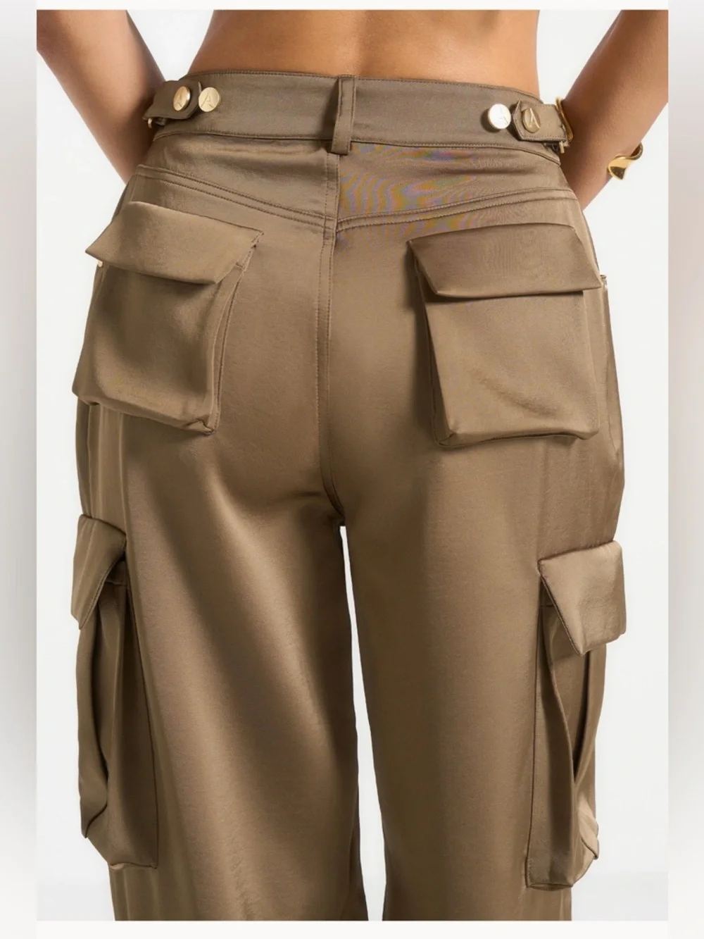 Maniere De Voir Emilie Satin High Waisted Cargo Pants Dark Olive Wide Leg Zip 0 - Picture 5 of 17